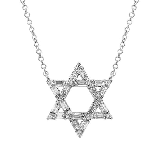 14k White Gold Star of David Baguette Diamond Necklace