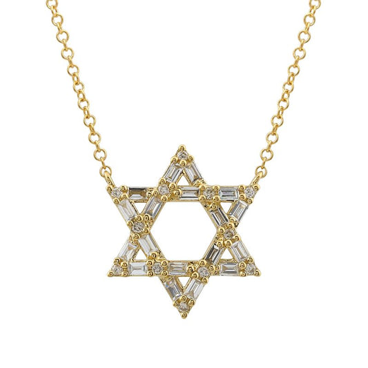 14k Yellow Gold Star of David Baguette Diamond Necklace .30ctw
