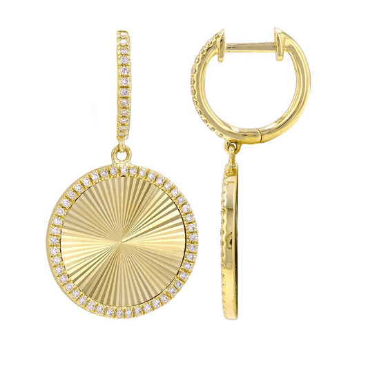 14k Yellow Gold Dangling Fluted Disc Diamond Huggie Earrings