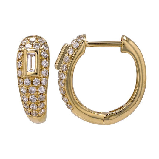14k Yellow Gold Baguette Bezel Inlay Pave Diamond Huggie Earrings
