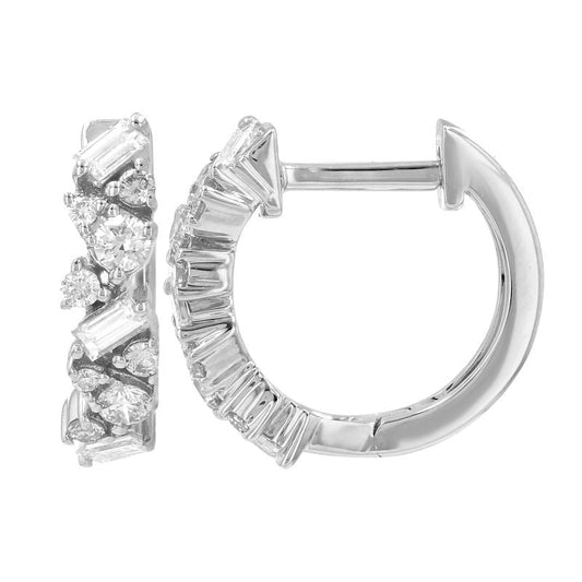 14k White Gold Multi Shape Diamond Huggie Earrings 12mm