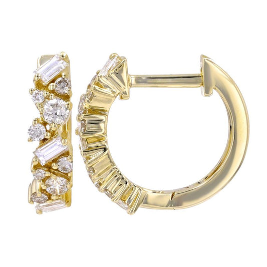 14k Yellow Gold Multi Shape Diamond Huggie Earrings 12mm