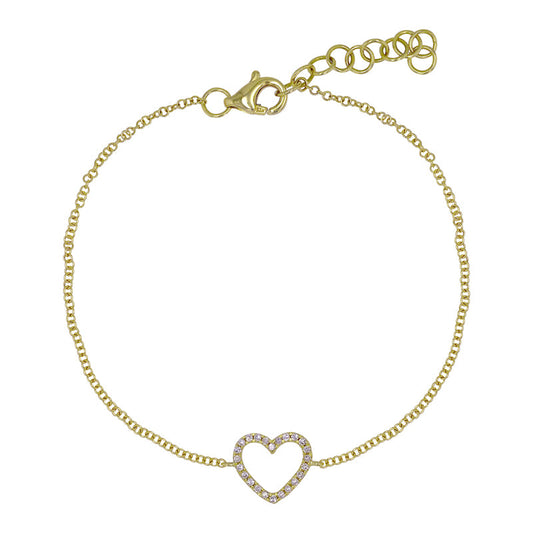 14k Yellow Gold Open Heart Diamond Chain Bracelet