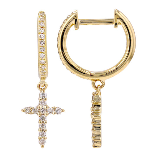 14k Yellow Gold Dangling Cross Diamond Huggie Earrings