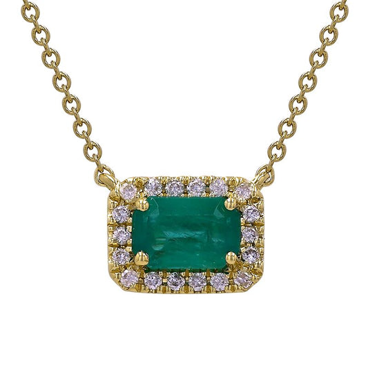 14k Yellow Gold Emerald Diamond Halo Necklace