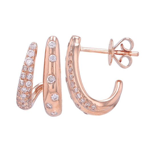 14k Rose Gold Two Row Diamond Inlay Pave Caged Lobe Earrings