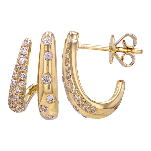 14k Yellow Gold Two Row Diamond Inlay Pave Caged Lobe Earrings
