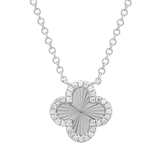 14k White Gold Fluted Clover Diamond Necklace