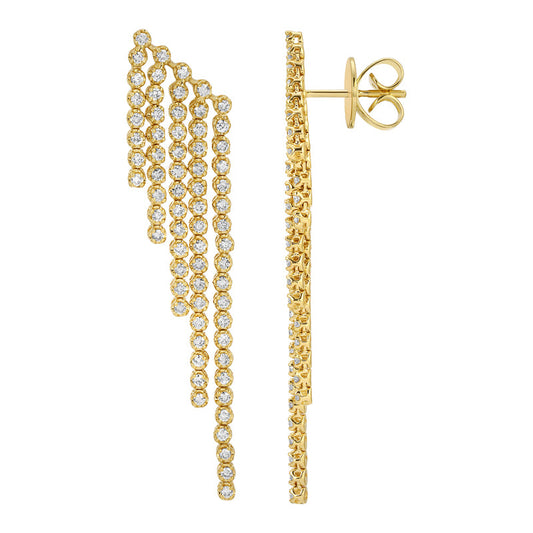 14k Yellow Gold Slanted Five Row Diamond Tennis Tassel Earrings 1.35ctw