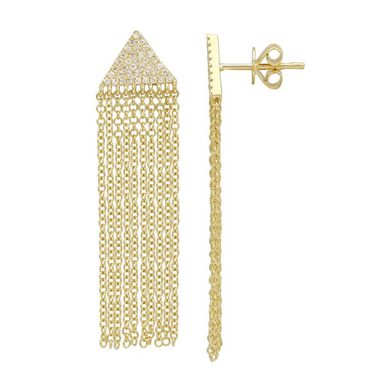 14k Yellow Gold Triangle Diamond Tassel Chain Earrings