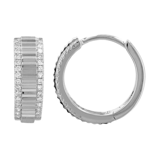 14k White Gold Fluted Diamond Border Huggie Earrings 12mm