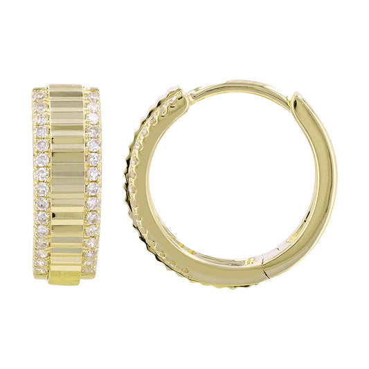 14k Yellow Gold Fluted Diamond Border Huggie Earrings 12mm