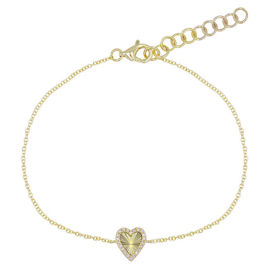 14k Yellow Gold Fluted Heart Diamond Chain Bracelet