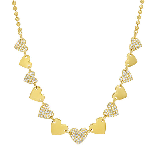 14k Yellow Gold Diamond Hearts Gold Bead Chain Necklace