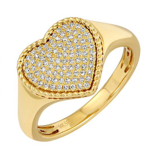 14k Yellow Gold Heart Diamond Signet Ring