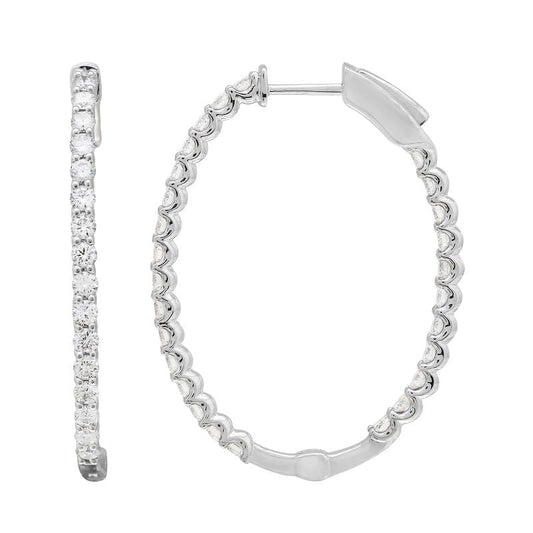 14k White Gold Oval Inside Out Diamond Hoop Earrings