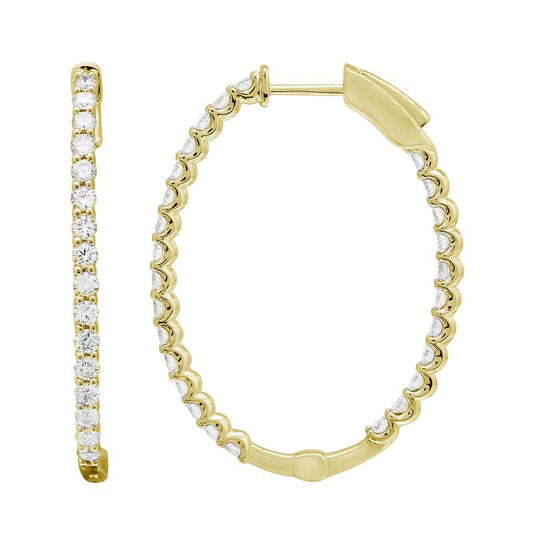 14k Yellow Gold Oval Inside Out Diamond Hoop Earrings