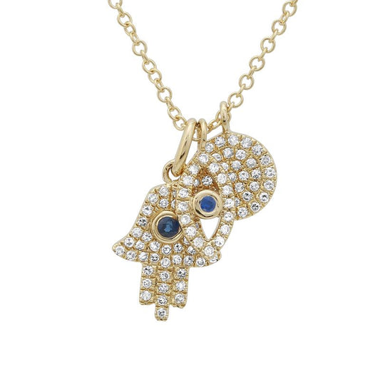 14k Yellow Gold Hamsa, Evil Eye, Circle Diamond Trio Necklace
