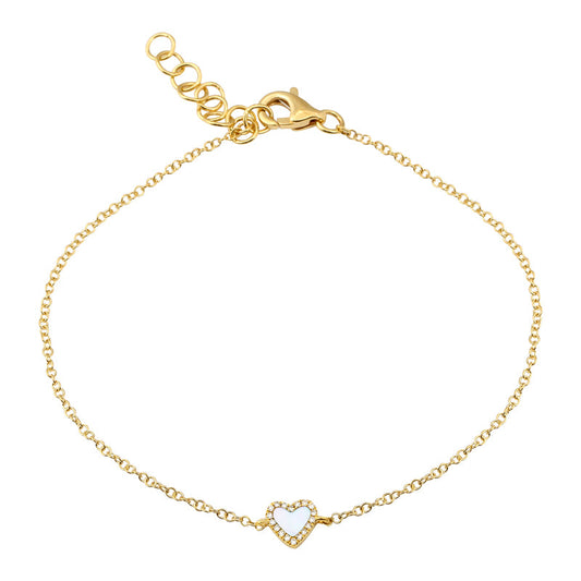 14k Yellow Gold Mother of Pearl Heart Diamond Chain Bracelet
