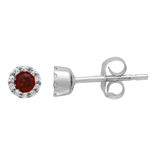 14k White Gold Mini Garnet Diamond Halo Stud Earrings