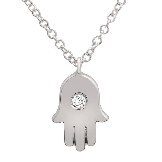 14k White Gold Hamsa Single Diamond Necklace