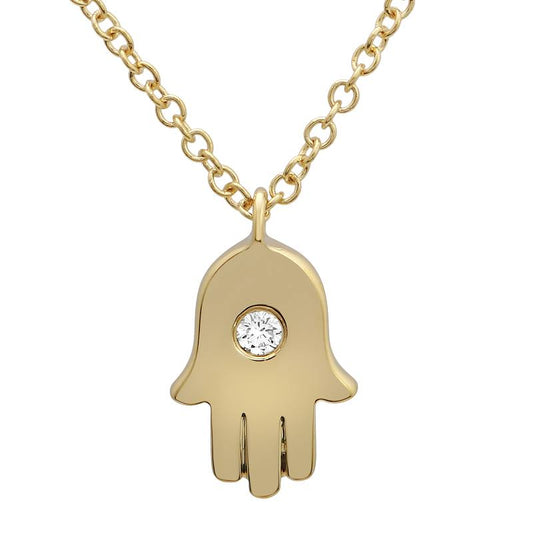 14k Yellow Gold Hamsa Single Diamond Necklace
