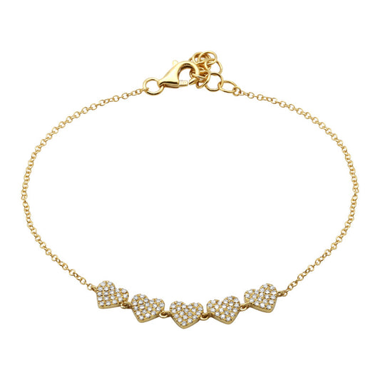 14k Yellow Gold Five Hearts Diamond Chain Bracelet .25ctw