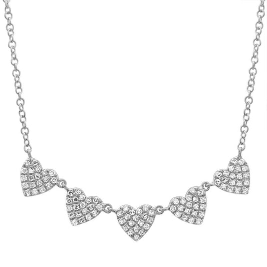14k White Gold Five Diamond Hearts Necklace