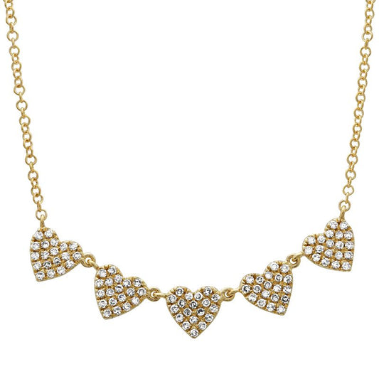 14k Yellow Gold Five Diamond Hearts Necklace