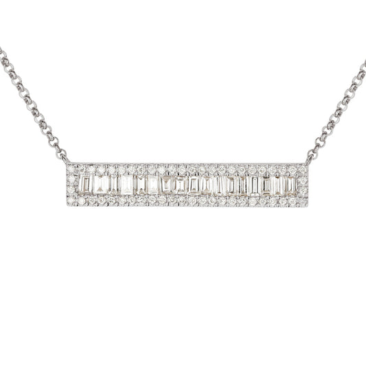 14k White Gold Rectangle Baguette Diamond Bar Necklace