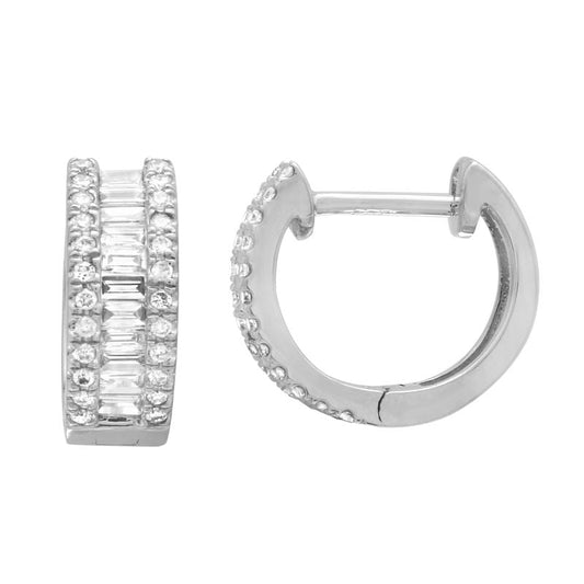 14k White Gold Baguette Diamond Huggie Earrings 12.5mm