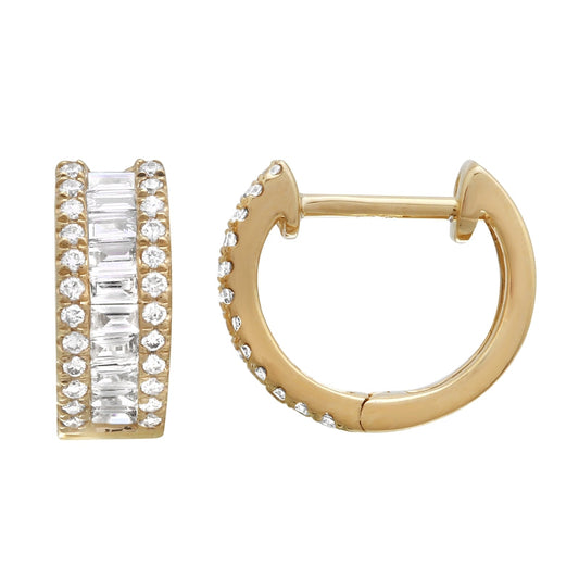 14k Yellow Gold Baguette Diamond Huggie Earrings 12.5mm