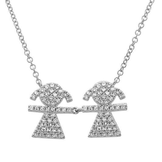 14k White Gold Girl & Girl Kids Diamond Necklace