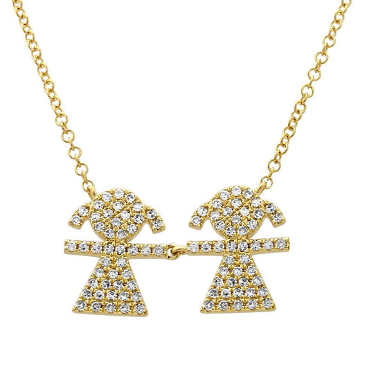 14k Yellow Gold Girl & Girl Kids Diamond Necklace