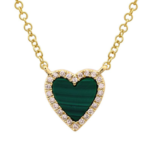 14k Yellow Gold Malachite Heart Diamond Necklace 9mm