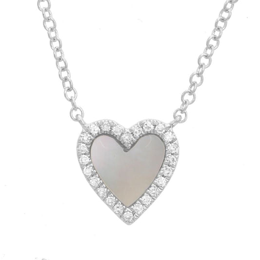 14k White Gold Mother of Pearl Heart Diamond Necklace 9mm