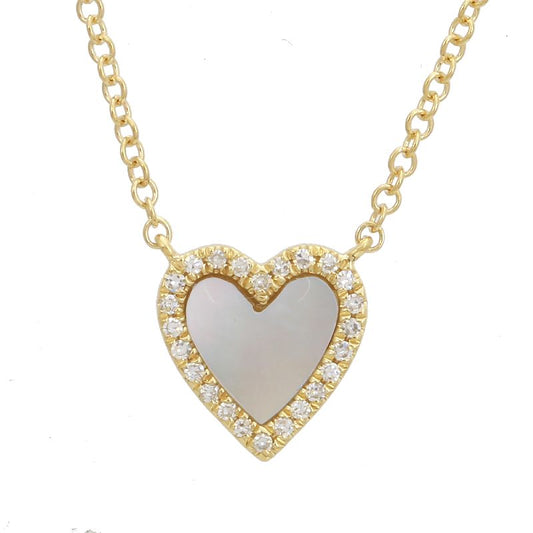 14k Yellow Gold Mother of Pearl Heart Diamond Necklace 9mm