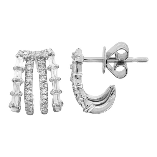14k White Gold Four Row Baguette Diamond Caged Lobe Earrings