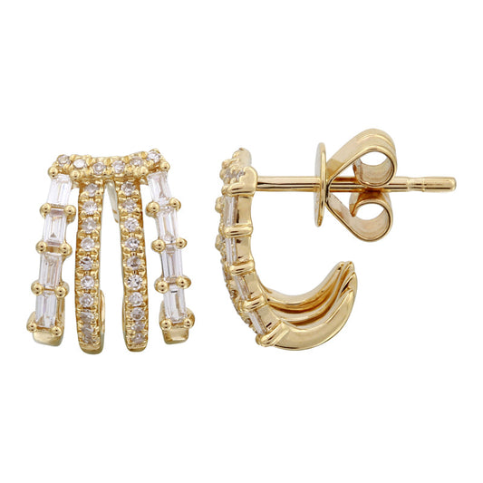 14k Yellow Gold Four Row Baguette Diamond Caged Lobe Earrings