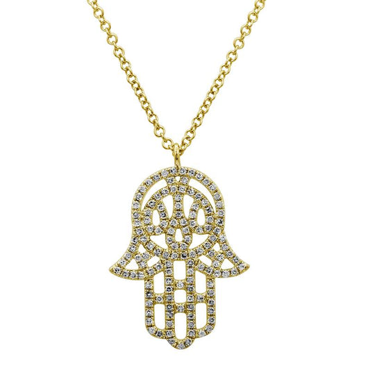 14k Yellow Gold Diamond Hamsa Necklace 22mm
