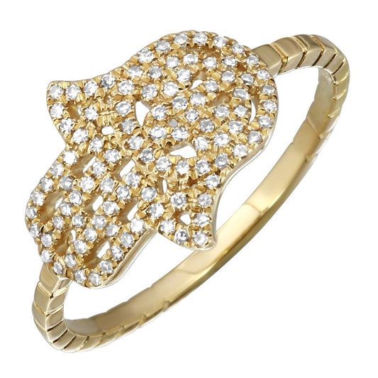 14k Yellow Gold Horizontal Hamsa Diamond Ring
