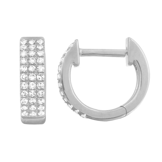 14k White Gold Mini Triple Row Diamond Huggie Earrings 10mm
