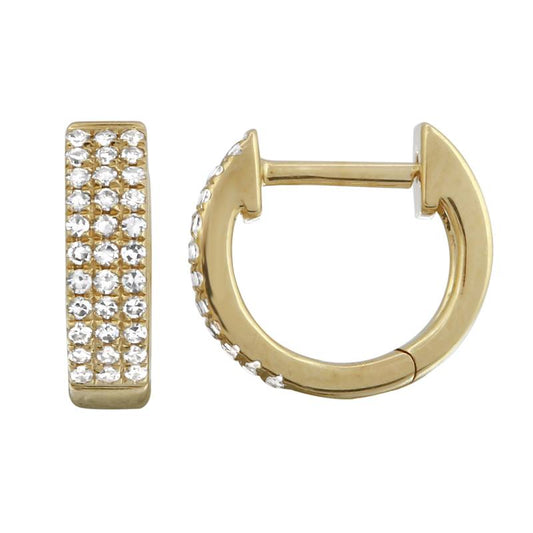 14k Yellow Gold Mini Triple Row Diamond Huggie Earrings 10mm