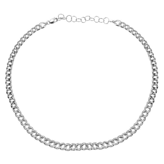 14k White Gold Diamond Cuban Link Choker Necklace .90ctw