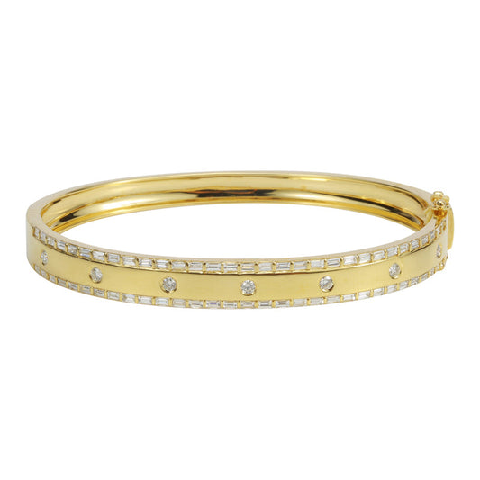 14k Yellow Gold Baguette Border Diamond Inlay Bangle 1.40ctw