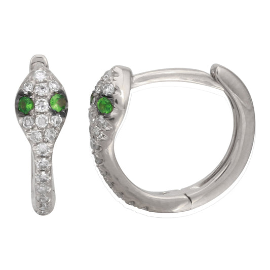14k White Gold Green Eye Snake Diamond Huggie Earrings 11mm