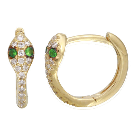 14k Yellow Gold Green Eye Snake Diamond Huggie Earrings 11mm