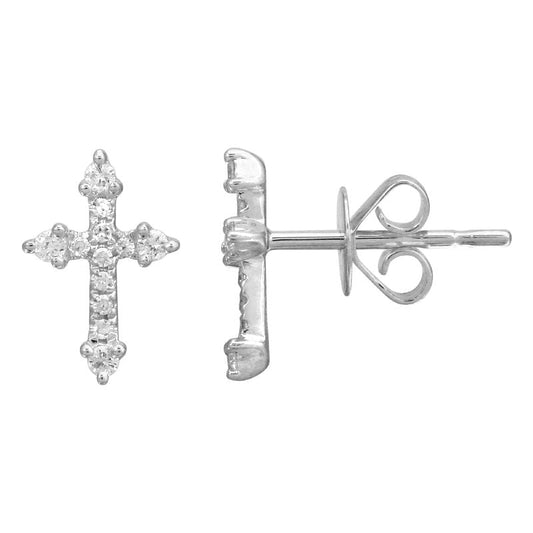 14k White Gold Mini Cross Diamond Stud Earrings 10mm