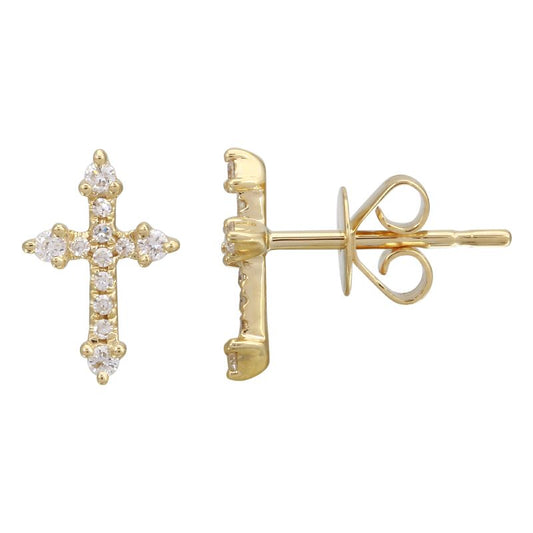 14k Yellow Gold Mini Cross Diamond Stud Earrings 10mm