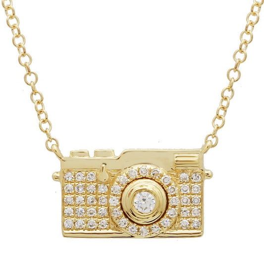 14k Yellow Gold Diamond Camera Necklace